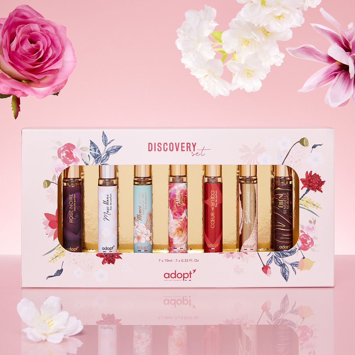 Discovery Set Coffret 7 eaux de parfum Rose Noire 10ml + Musc blanc Monoï îles Bouquet d'amour Cœur à cœur Sublimissime Ebène sensuelle