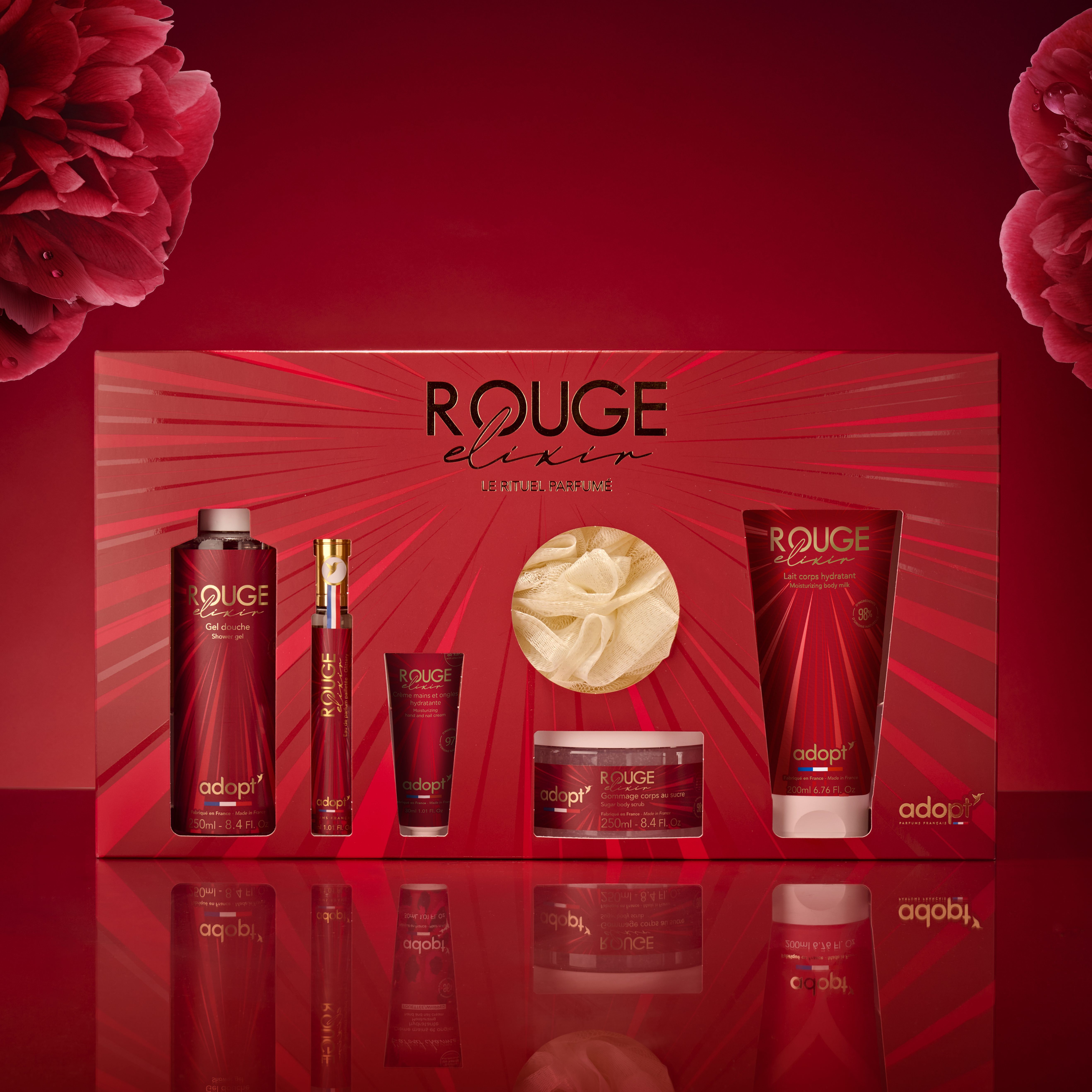 Rouge Elixir Coffret maxi eau de parfum 30 ml + gel douche 250 lait corps 200 crème pour les mains fleur bain